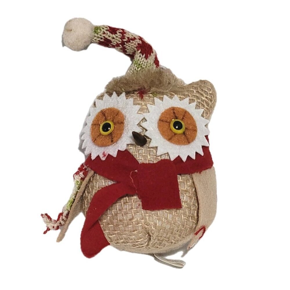 Brown Plush Owl Christmas Ornament Stuffed Argyle Hat Red Scarf